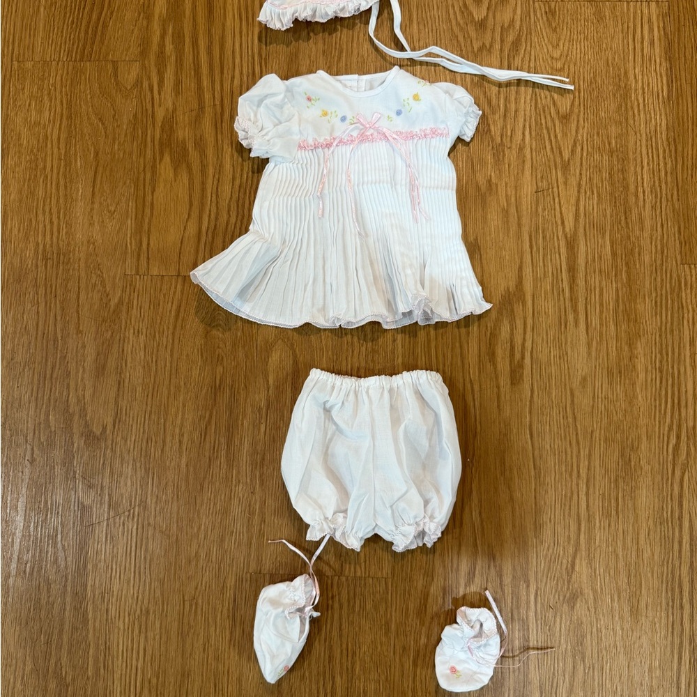 White new born Baby Dress Set with Pink Accents